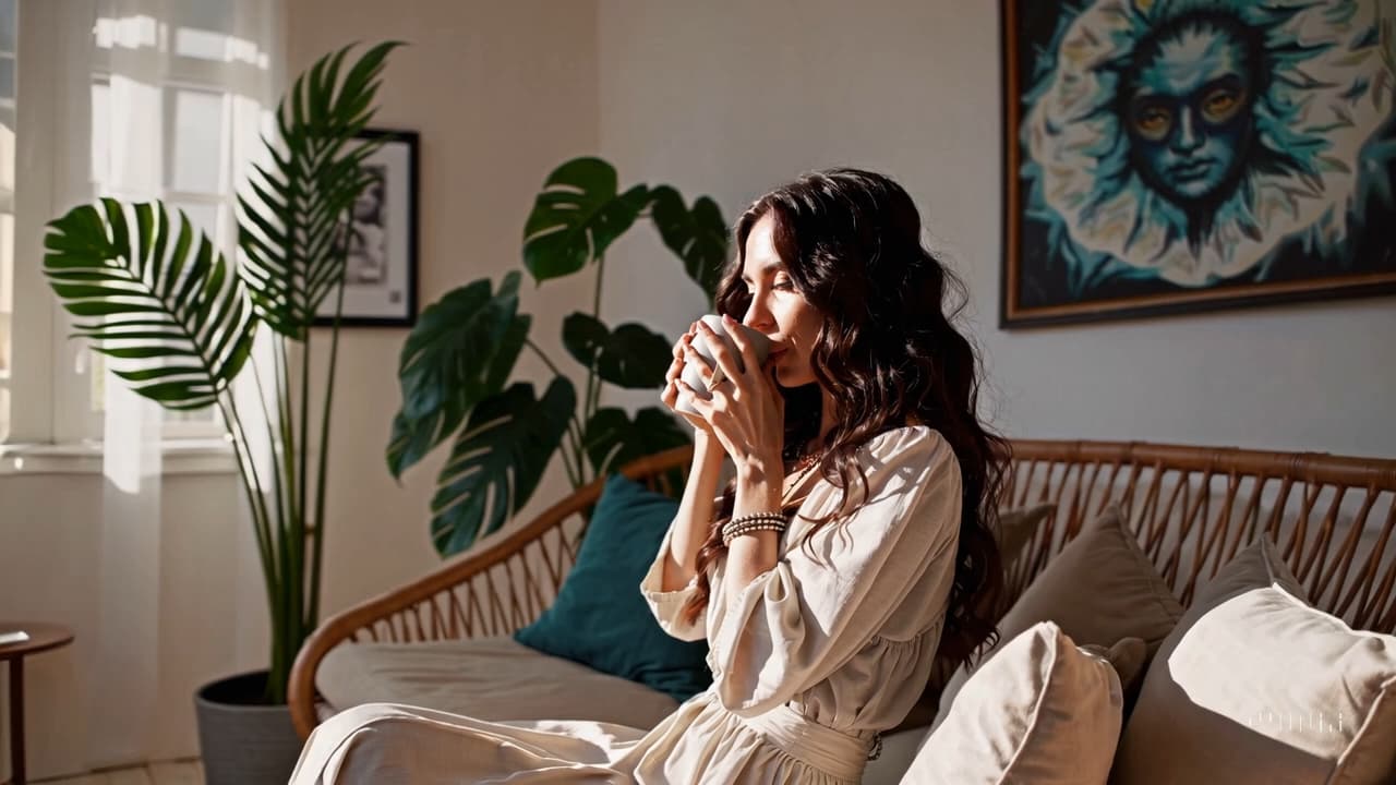 Mujer feliz en un salón boho admirando arte generado con Mintsy
